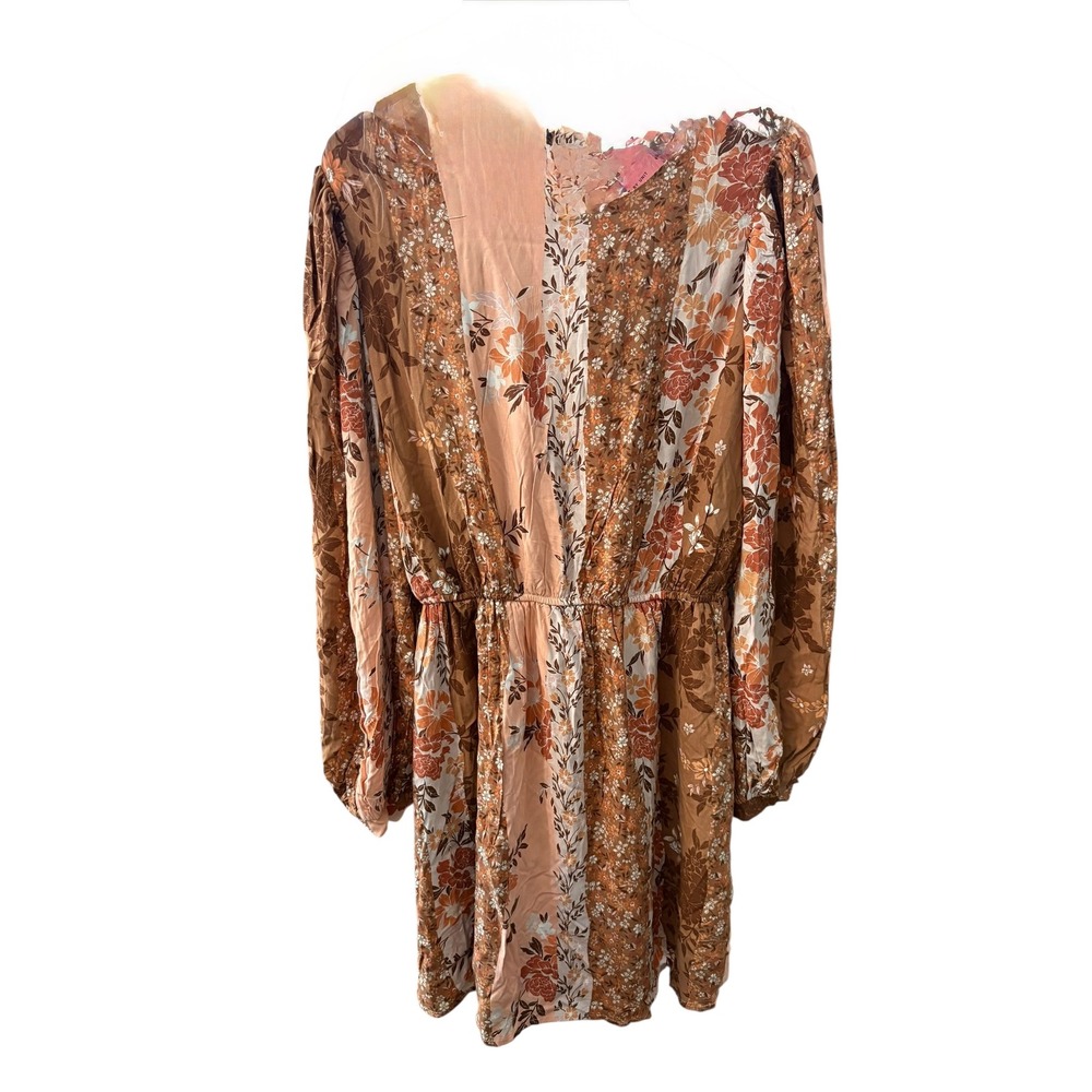 Andree by Unit Womens 1X Patchwork Floral Long Sleeve Mini Dress Brown Peach NEW